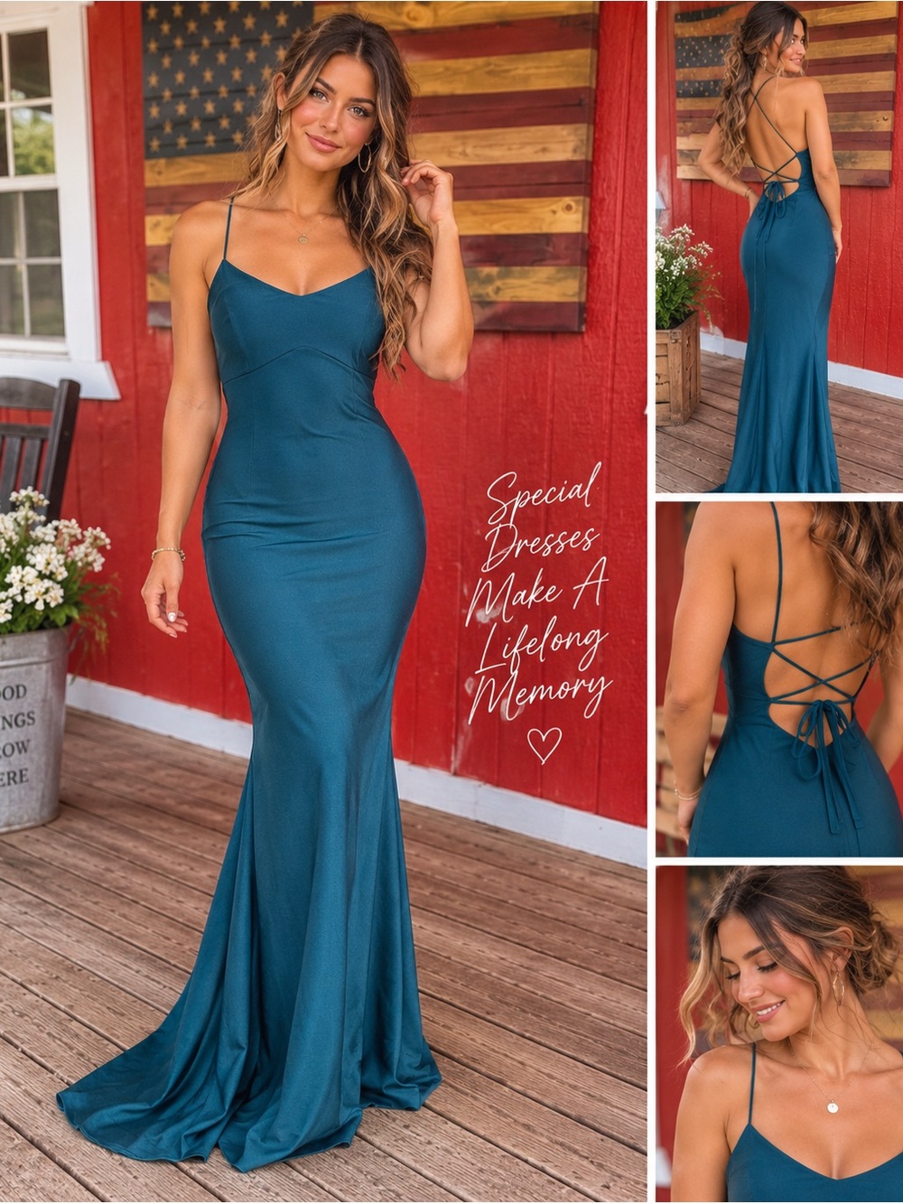Windsor Teal Satin Lace-Up Back Maxi Formal Dress Size Small